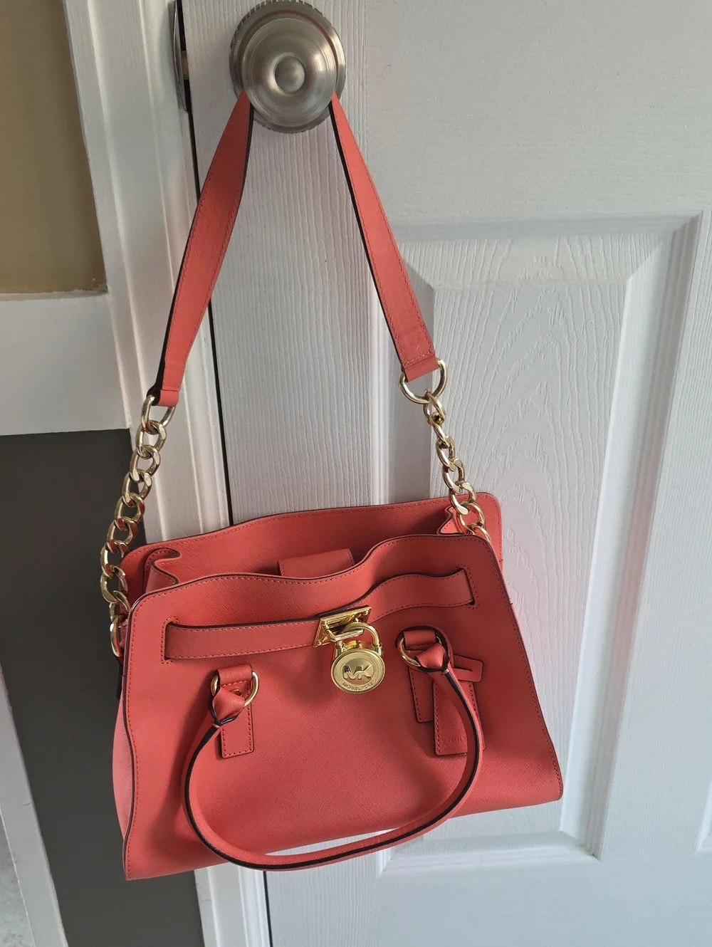 Like New- Michael Kors Coral Leather Satchel with Gold Hardware